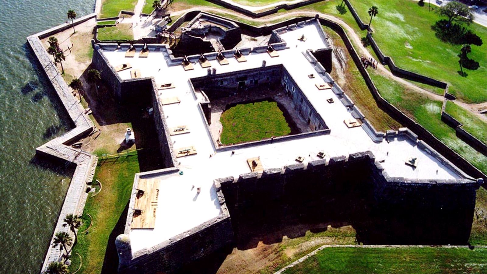 Aerial view of the star-shaped Castillo de San Marcos fort beside Matanzas Bay