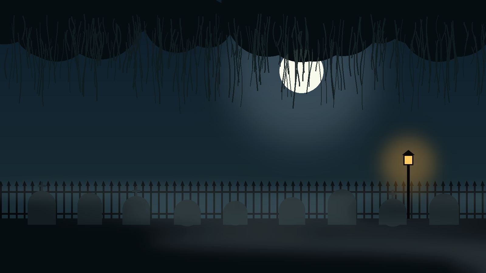 Illustration of a moonlit cemetery behind an iron fence with a glowing lamppost